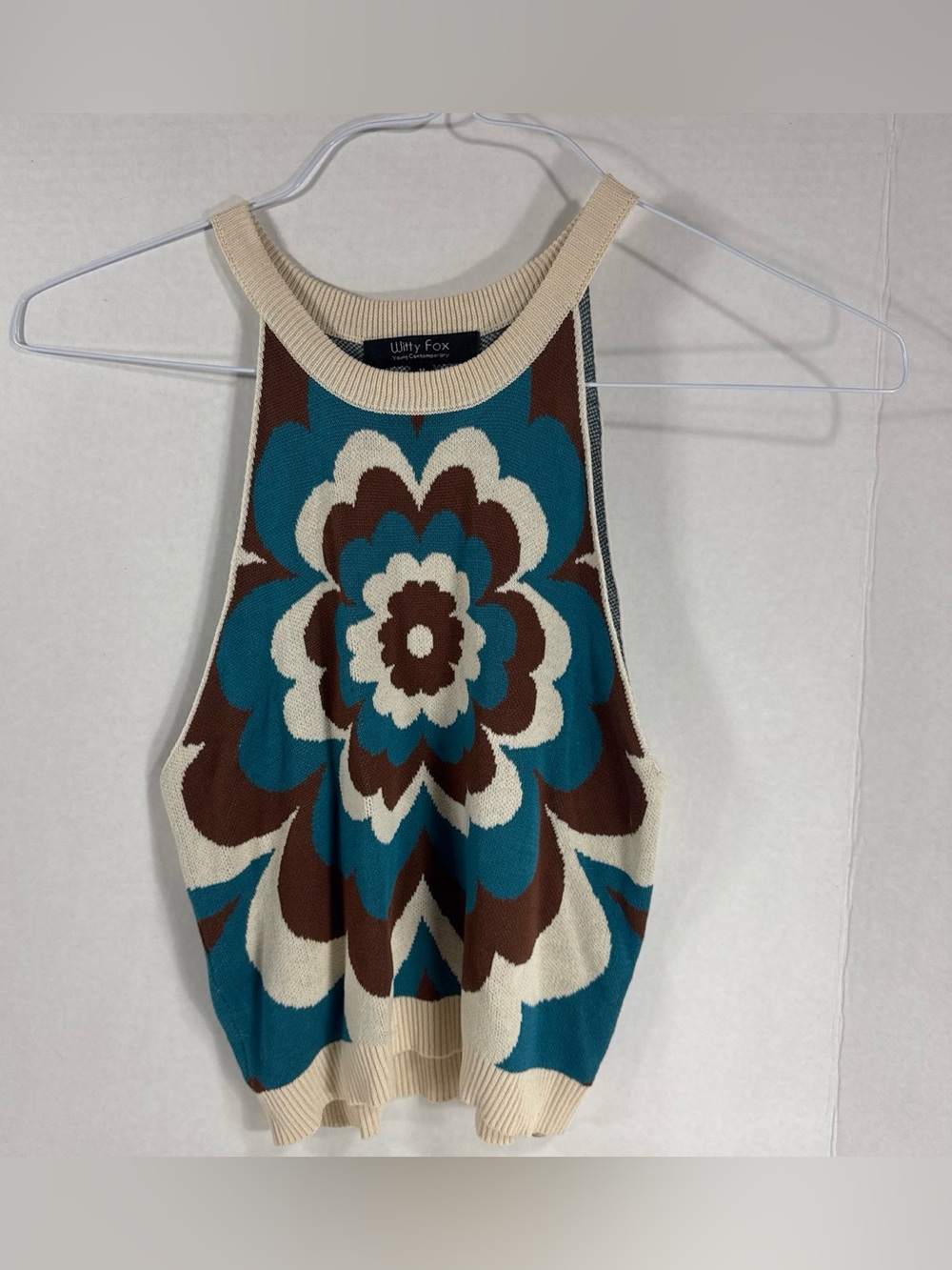 Blue Brown Cream Floral Knit Halter Top